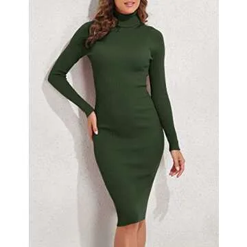 PrettyGuide Women Slim Fit Ribbed Turtleneck Long Sleeve Midi Knit Sweater Dress Army Green S