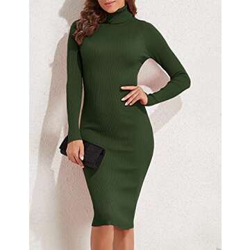 PrettyGuide Women Slim Fit Ribbed Turtleneck Long Sleeve Midi Knit Sweater Dress Army Green S