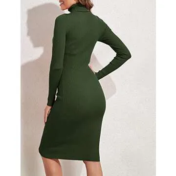 PrettyGuide Women Slim Fit Ribbed Turtleneck Long Sleeve Midi Knit Sweater Dress Army Green S
