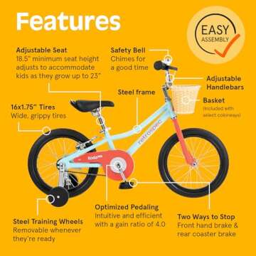 Retrospec Koda Plus Kids Bike for Boys & Girls Ages 4-6 Years - 16" Children's Bicycle, Adjustable Seat & Handlebars, Removable Training Wheels, Front Hand Brakes, Rear Coaster Brake & Safety Bell
