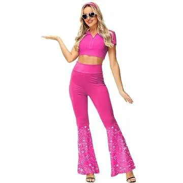 Women Halloween Costume Bottoms Groovy Shiny 70s Disco Boogie Outfit Hot Pink XL