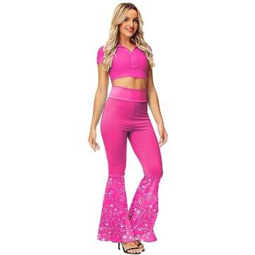 Women Halloween Costume Bottoms Groovy Shiny 70s Disco Boogie Outfit Hot Pink XL