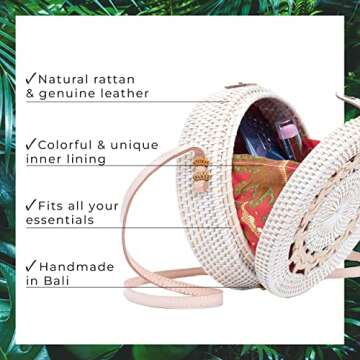 Rattan Bags for Women - Handmade Wicker Woven Purse Handbag Circle Boho Bag Bali (White Pattern)