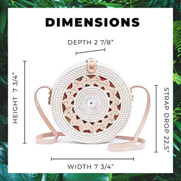 Rattan Bags for Women - Handmade Wicker Woven Purse Handbag Circle Boho Bag Bali (White Pattern)