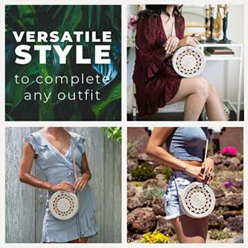 Rattan Bags for Women - Handmade Wicker Woven Purse Handbag Circle Boho Bag Bali (White Pattern)