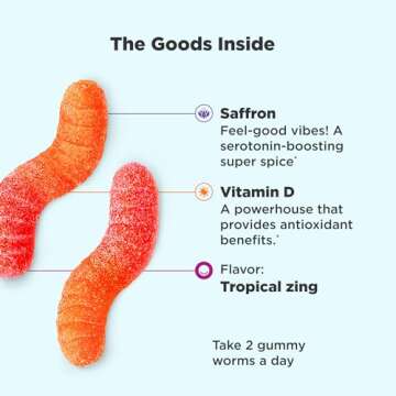 OLLY Hello Happy Gummy Worms, Mood Balance Support, Vitamin D, Saffron, Adult Chewable Supplement, G...