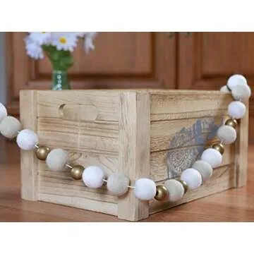 Orchid & Ivy 8 Foot Ivory and Cream Wool Felt Ball Pom Pom Garland with Gold Wood Beads - Vintage Christmas Tree Decor Holiday Party Banner Decoration for Wall, Crafts, Kids Room