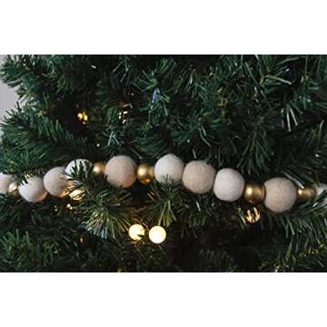 Orchid & Ivy 8 Foot Ivory and Cream Wool Felt Ball Pom Pom Garland with Gold Wood Beads - Vintage Christmas Tree Decor Holiday Party Banner Decoration for Wall, Crafts, Kids Room