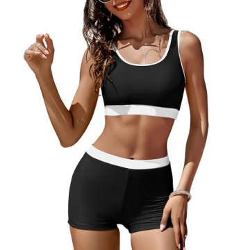 KerryKreey Women 2 Piece Sporty Swimsuits Color Block High Waisted Bikini Teen Crop Tummy Control Ta...