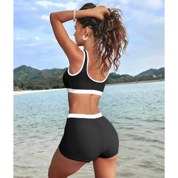 KerryKreey 2 Piece Sporty Color Block High Waisted Swimsuit