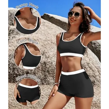 KerryKreey 2 Piece Sporty Color Block High Waisted Swimsuit