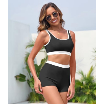 KerryKreey 2 Piece Sporty Color Block High Waisted Swimsuit
