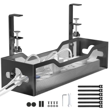 Under Desk Cable Management Tray No Drill, Metal Mesh Cable Management Under Desk with Clamp Mount, ...