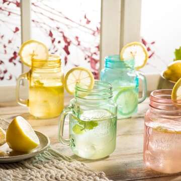 Glaver's Colorful Mason Jar Drinking Glasses Set of 4 - 15 oz for Smoothies and Cocktails