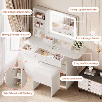 LIKIMIO Vanity Desk with Drawers & LED Lighted Mirror & Power Outlet & Cabinet, Storage Stool, Styli...