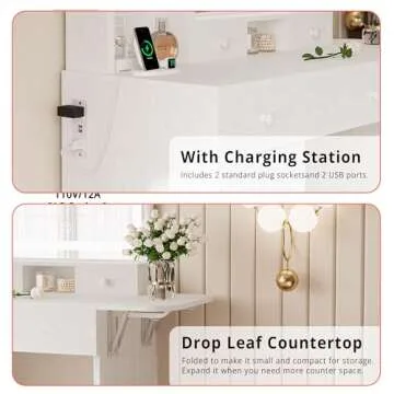 LIKIMIO Vanity Desk with Drawers & LED Lighted Mirror & Power Outlet & Cabinet, Storage Stool, Stylish Bedroom Makeup Table Set, White