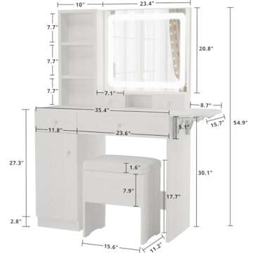 LIKIMIO Vanity Desk with Drawers & LED Lighted Mirror & Power Outlet & Cabinet, Storage Stool, Stylish Bedroom Makeup Table Set, White