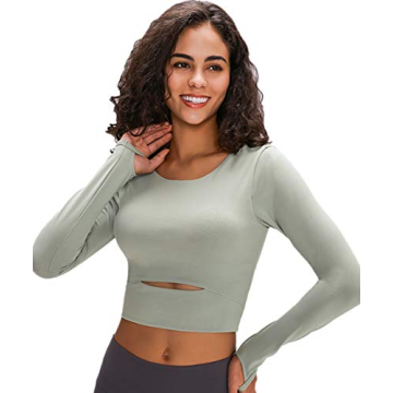 Workout Yoga Tops for Women, Removable Crop Top Padded Compression Long Sleeve Fitness Athletic Yoga...