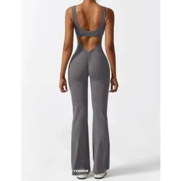 YEOREO Women Sleeveless Flare Jumpsuits Sexy Backless Gym Bodycon Scrunch Butt Yoga Rompers V Back Lizvette Dark Grey X-Small