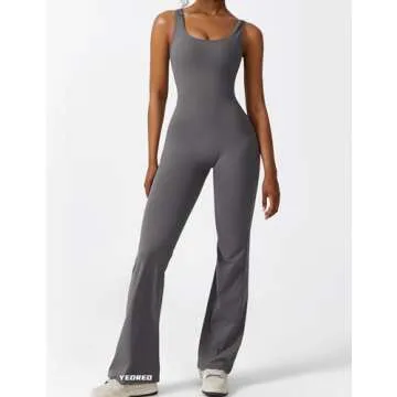 YEOREO Women Sleeveless Flare Jumpsuits Sexy Backless Gym Bodycon Scrunch Butt Yoga Rompers V Back Lizvette Dark Grey X-Small