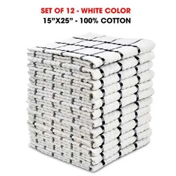 TALVANIA Kitchen Dish Towels, 100% Cotton Dobby Weave Terry Towel Set, 12 Pack Soft and Absorbent Multipurpose Dish Cloth, Hand Towel and All Kitchen Cleaning 15” X 25” Machine Washable (White)