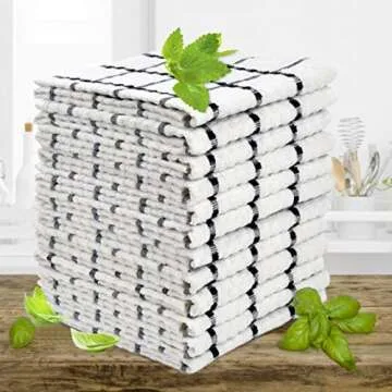 TALVANIA Kitchen Dish Towels, 100% Cotton Dobby Weave Terry Towel Set, 12 Pack Soft and Absorbent Multipurpose Dish Cloth, Hand Towel and All Kitchen Cleaning 15” X 25” Machine Washable (White)