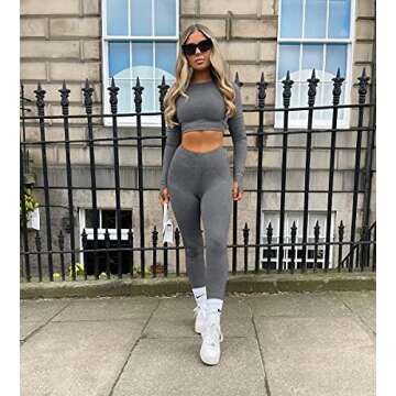 OYS Women's 2 Piece Tracksuit Workout Outfits Seamless High Waist Leggings Sports Long Sleeve Gym Sets Grey