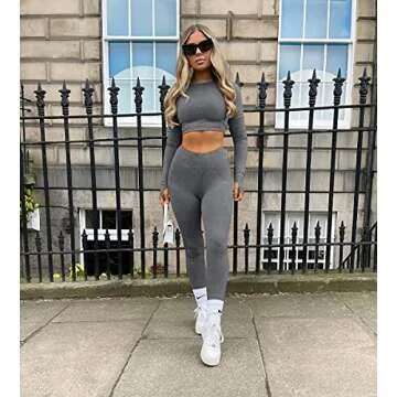 OYS Women's 2 Piece Tracksuit Workout Outfits Seamless High Waist Leggings Sports Long Sleeve Gym Sets Grey