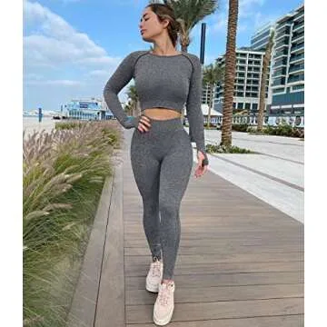 OYS Women's 2 Piece Tracksuit Workout Outfits Seamless High Waist Leggings Sports Long Sleeve Gym Sets Grey