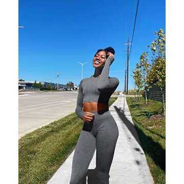 OYS Women's 2 Piece Tracksuit Workout Outfits Seamless High Waist Leggings Sports Long Sleeve Gym Sets Grey