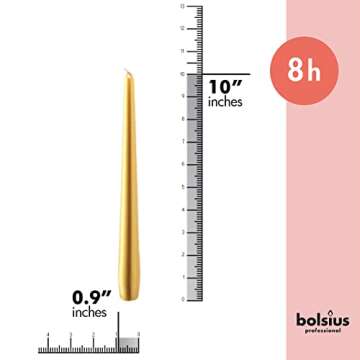 BOLSIUS Metallic Gold Taper Candles - 12 Pack Individually Wrapped 10 Inch Dinner Candle Set - 8 Burn Hours - Premium European Quality - Unscented Smokeless & Dripless Household Party Candlesticks