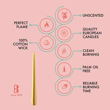 BOLSIUS Metallic Gold Taper Candles - 12 Pack Individually Wrapped 10 Inch Dinner Candle Set - 8 Burn Hours - Premium European Quality - Unscented Smokeless & Dripless Household Party Candlesticks