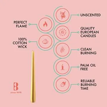 BOLSIUS Metallic Gold Taper Candles - 12 Pack Individually Wrapped 10 Inch Dinner Candle Set - 8 Burn Hours - Premium European Quality - Unscented Smokeless & Dripless Household Party Candlesticks