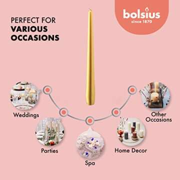 BOLSIUS Metallic Gold Taper Candles - 12 Pack Individually Wrapped 10 Inch Dinner Candle Set - 8 Burn Hours - Premium European Quality - Unscented Smokeless & Dripless Household Party Candlesticks