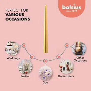 BOLSIUS Metallic Gold Taper Candles - 12 Pack Individually Wrapped 10 Inch Dinner Candle Set - 8 Burn Hours - Premium European Quality - Unscented Smokeless & Dripless Household Party Candlesticks
