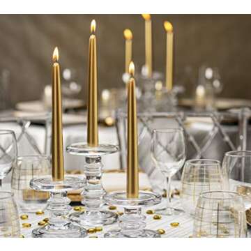 BOLSIUS Metallic Gold Taper Candles - 12 Pack Individually Wrapped 10 Inch Dinner Candle Set - 8 Burn Hours - Premium European Quality - Unscented Smokeless & Dripless Household Party Candlesticks