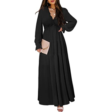 BLENCOT Women's Casual Boho Solid Color Deep V Neck Loose Long Sleeve Long Evening Dress Ruched Cock...