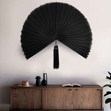 MadeTerra 43" Black Bamboo Wall Decor Folding Fan, Horizontal Wall Decor Aesthetic Accent for Boho Room Decor, Wall Pediments Art for Spiritual Room Decor, Apartment, Rattan Headboard, Living Room