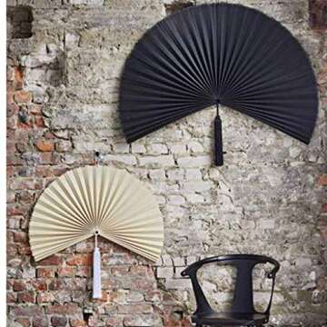 MadeTerra 43" Black Bamboo Wall Decor Folding Fan, Horizontal Wall Decor Aesthetic Accent for Boho Room Decor, Wall Pediments Art for Spiritual Room Decor, Apartment, Rattan Headboard, Living Room