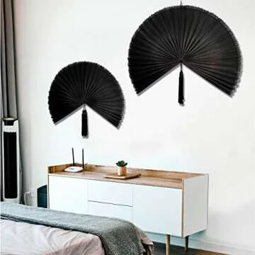MadeTerra 43" Black Bamboo Wall Decor Folding Fan, Horizontal Wall Decor Aesthetic Accent for Boho Room Decor, Wall Pediments Art for Spiritual Room Decor, Apartment, Rattan Headboard, Living Room