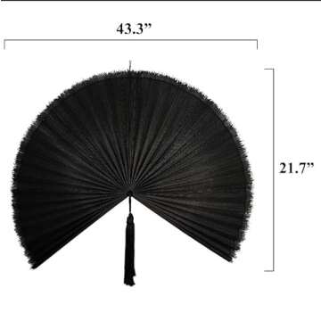 MadeTerra 43" Black Bamboo Wall Decor Folding Fan, Horizontal Wall Decor Aesthetic Accent for Boho Room Decor, Wall Pediments Art for Spiritual Room Decor, Apartment, Rattan Headboard, Living Room
