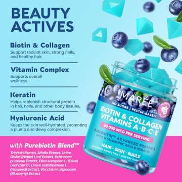 MAREE Vitamin B1 Thiamine & B7 Biotin Gummies - A E D C Vitamins Complex with Keratin, Collagen, Hyaluronic & Pantothenic Acid for Skin, Nails & Hair