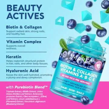 MAREE Vitamin B1 Thiamine & B7 Biotin Gummies - A E D C Vitamins Complex with Keratin, Collagen, Hyaluronic & Pantothenic Acid for Skin, Nails & Hair