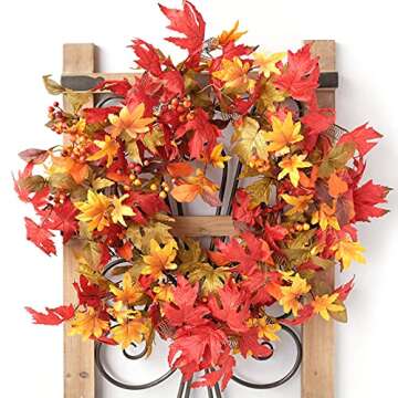 idyllic 20 Inch Fall Wreath Autumn Wreath for Front Door - Maple Leaves Wreath Thanksgiving Halloween Wreath Wall Front Porch Home Decoration