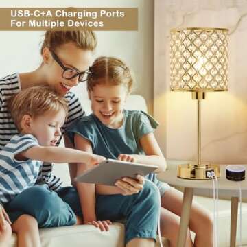 Crystal Table Lamp, Crystal Lamp Touch Control with 2 USB Ports, 3 Way Dimmable Gold Bedside Lamp wi...