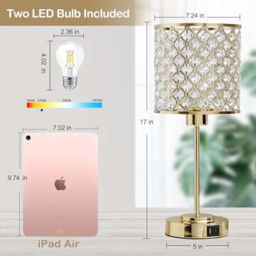 Crystal Table Lamp, Crystal Lamp Touch Control with 2 USB Ports, 3 Way Dimmable Gold Bedside Lamp with Bulb, Crystal Nightstand Lamp Modern Light