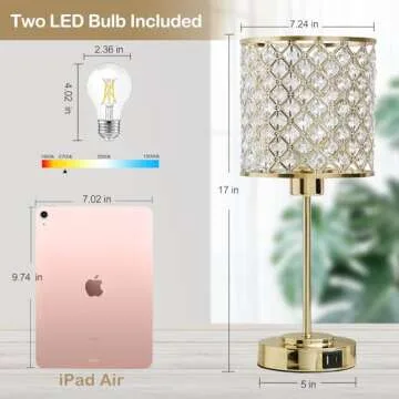Crystal Table Lamp, Crystal Lamp Touch Control with 2 USB Ports, 3 Way Dimmable Gold Bedside Lamp with Bulb, Crystal Nightstand Lamp Modern Light