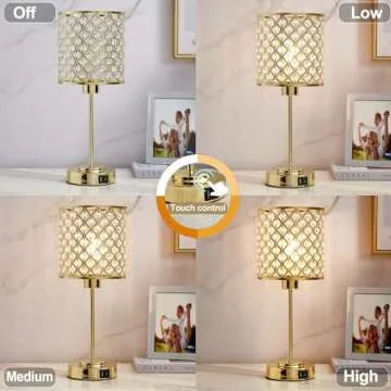 Crystal Table Lamp, Crystal Lamp Touch Control with 2 USB Ports, 3 Way Dimmable Gold Bedside Lamp with Bulb, Crystal Nightstand Lamp Modern Light