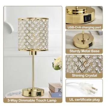 Crystal Table Lamp, Crystal Lamp Touch Control with 2 USB Ports, 3 Way Dimmable Gold Bedside Lamp with Bulb, Crystal Nightstand Lamp Modern Light