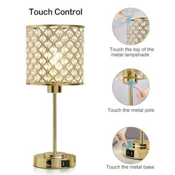Crystal Table Lamp, Crystal Lamp Touch Control with 2 USB Ports, 3 Way Dimmable Gold Bedside Lamp with Bulb, Crystal Nightstand Lamp Modern Light